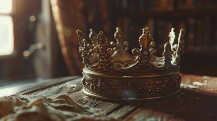 A crown sits atop a wooden table, awaiting its wearer