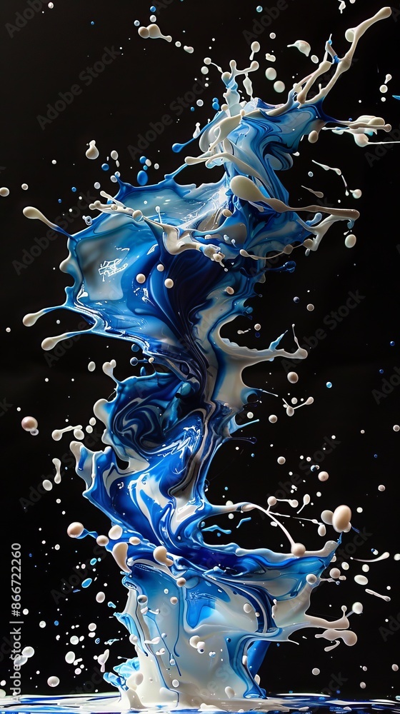 Poster blue and white paint mixing and splashing, creating a dynamic abstract sculpture frozen in time agai