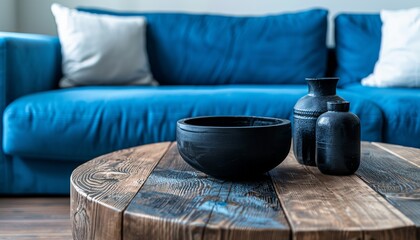 Close up of round wooden coffee table with black vases and bowl in a modern living room, blue sofa with white pillows in the background
