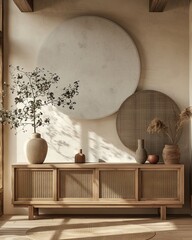 Modern interior design background, sideboard and large white circle on the wall, gray color palette, minimalist style, wooden furniture