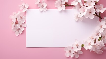 White blank greeting card on the pink background with flowers, love letter.