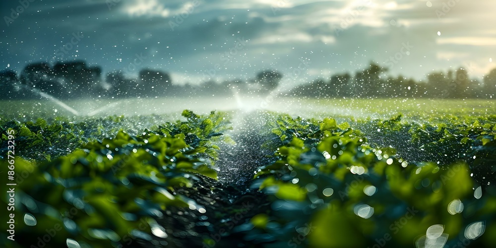 Poster optimizing water usage with efficient crop sprinklers in irrigation systems. concept irrigation effi