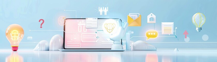 Fototapeta premium Digital marketing concept with laptop and virtual icons representing communication, innovation, and technology in a cloud environment.