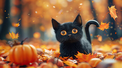 Cute 3D Rendered Black Cat. Halloween Cat on Autumn. Maple Forest in Autumn. Orange Themed. Cute Cat. Spooky Theme with Copy Space