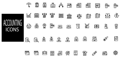 Accounting simple concept 55 icons set. Containing financial statement, accountant, financial audit, invoice, tax calculator, business firm, tax return.Vector illustration.