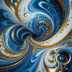 A high-quality photograph of swirling, marbled patterns in shades of blue, gold, and white. The intricate design creates a mesmerizing visual effect.