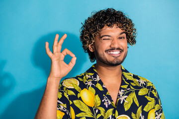Photo of cool handsome guy with beard wavy hairstyle dressed print shirt showing okey winking eye...