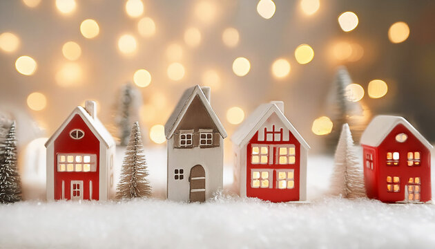 Fototapeta Scandinavian style Christmas village with bokeh background, minimalist holiday concept, copy space