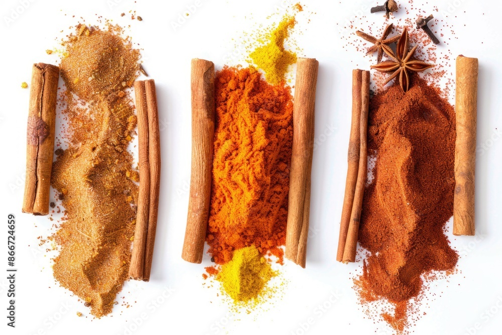 Poster a selection of different spices arranged neatly on a white background