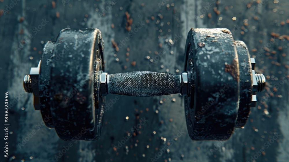 Poster a close-up shot of two black dumbbells, ideal for fitness and exercise-related uses