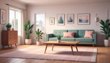 Fototapeta premium Contemporary Scandinavian interior design showcasing an elegant living room with a comfy sofa, mid-century furniture, cozy rug, wooden flooring, white walls, and house plants.
