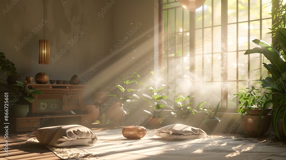 Poster a tranquil room bathed in soft light, where every object is meticulously placed to promote harmony a