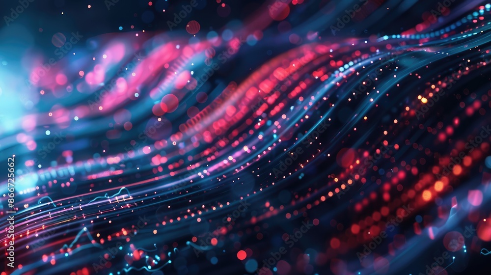 Poster abstract tech flow: complex data streams and algorithmic models intertwining in a futuristic backgro