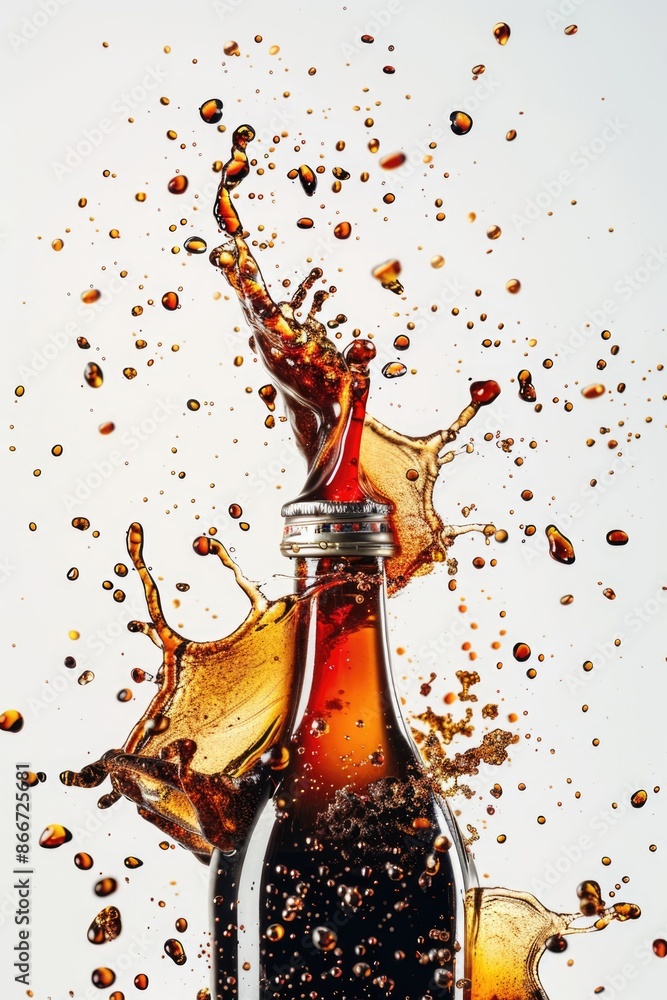 Poster a close-up view of a bottle of soda with a splash of liquid inside