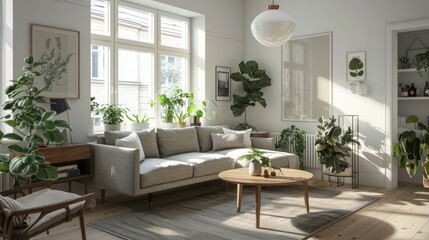 Naklejka premium Contemporary Scandinavian interior design showcasing an elegant living room with a comfy sofa, mid-century furniture, cozy rug, wooden flooring, white walls, and house plants.