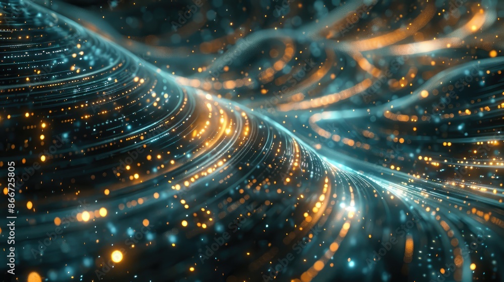 Poster abstract tech flow: complex data streams and algorithmic models intertwining in a futuristic backgro