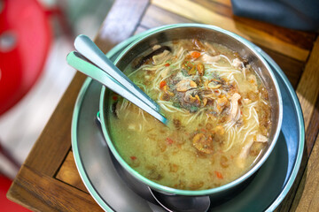 A portion of chicken noodles