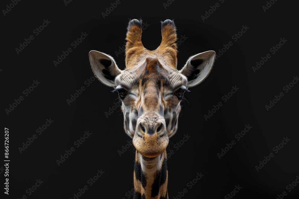 Poster a close-up view of a giraffe's face on a black background