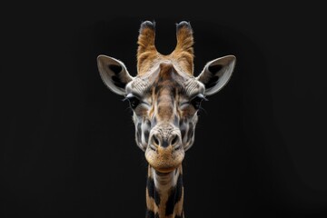 Naklejka premium A close-up view of a giraffe's face on a black background