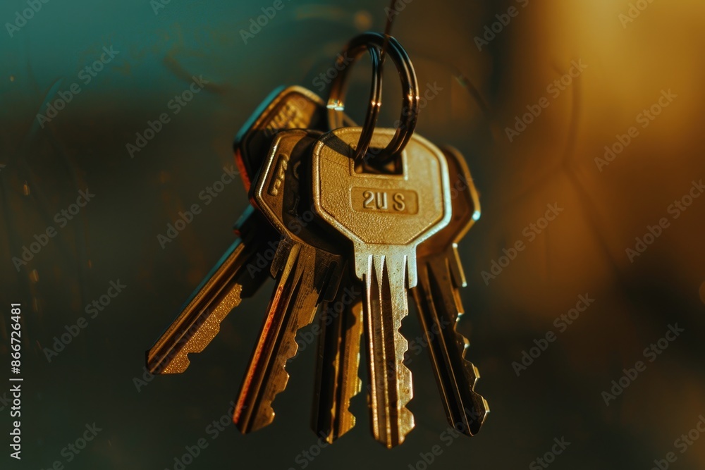 Poster a set of old-fashioned metal keys hung from a rusty hook