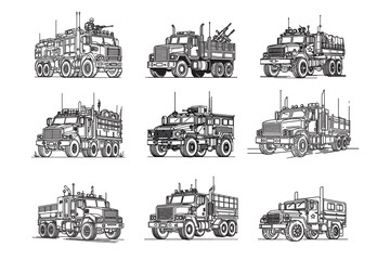 military transport set in simple linear style concept. vector illustration of military equipment