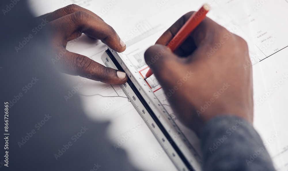 Poster Man, architect and hands on ruler for scale on blueprint in office, design and floor plan for construction. Person, documents and engineering remodeling project in workplace, tools and draft measure