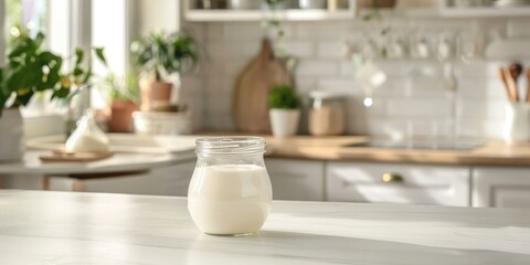 Fototapeta premium Close-up of an open glass jar with homemade natural yogurt on a blurred background of a modern cozy kitchen. Copyspace.