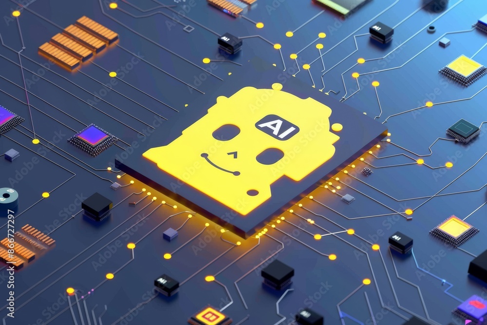 Poster ai processor chip on a digital circuit board with colorful electronic components