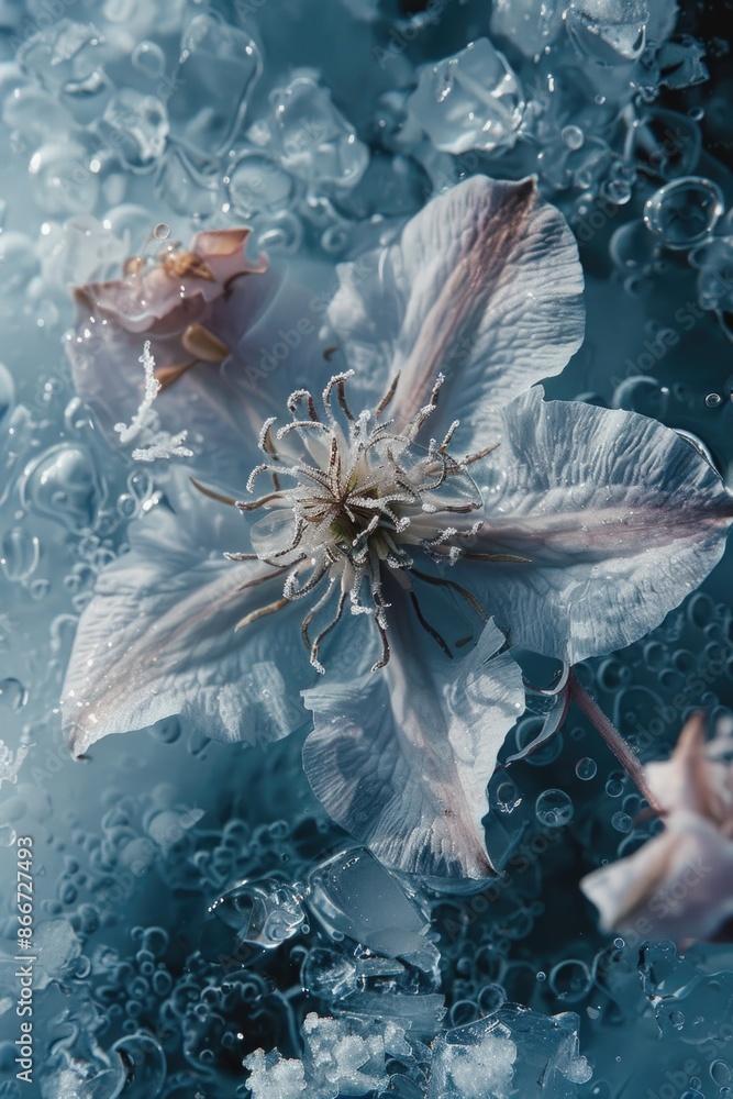 Poster a single flower floating on the surface of a calm pool of water, great for background or decoration