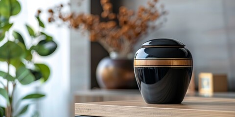 A black urn for ashes stands on a shelf in a modern large-plan apartment. Copyspace, place for text.