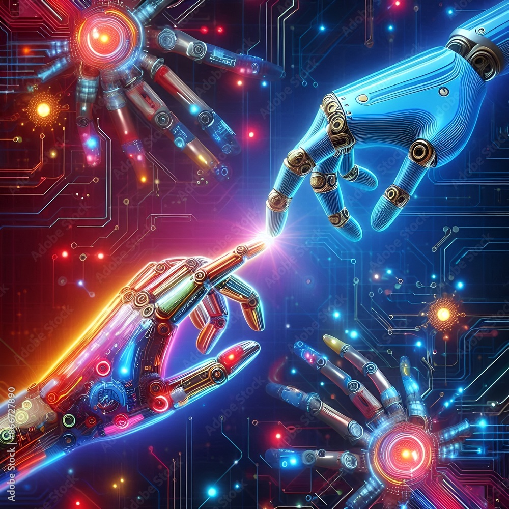 Poster two robot hands reaching out to each other, symbolizing connection and collaboration.
