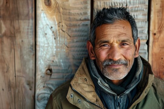 Portrait of a content indian man in his 50s wearing a warm parka while standing against rustic wooden wall