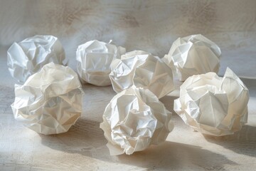 A collection of crumpled paper balls on a table, great for office or school scenes
