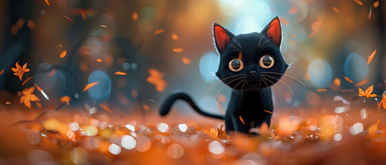 Cute 3D Rendered Black Cat. Halloween Cat on Autumn. Maple Forest in Autumn. Orange Themed. Cute Cat. Spooky Theme with Copy Space