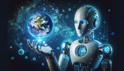 Humanoid Robot Holding Earth With Holographic Technology - A futuristic robot with a blue LED eye, in a dark environment, holds a glowing Earth globe in its hand, surrounded by holographic technology.