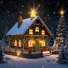 christmas house in the snow