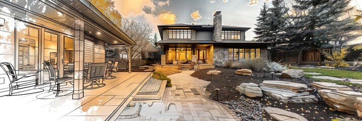 beautifully designed and landscaped back yard and patio photo with architectural sketch