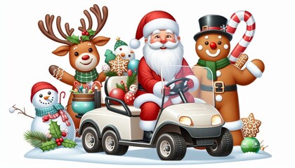 Santa Claus and Friends Enjoy a Festive Ride in a Golf Cart - A cheerful Santa Claus, accompanied by a gingerbread man, a reindeer, and two snowmen, rides in a white golf cart decorated with Christmas