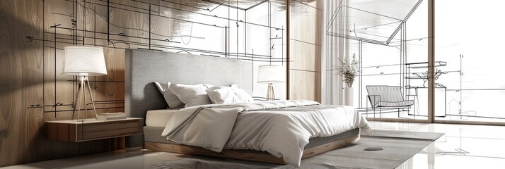 bedroom design concept with half real photo and half interior designer schematics
