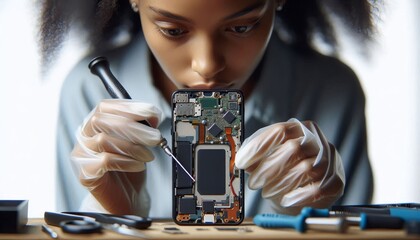 Focused Technician Repairing Smartphone with Soldering Iron - A woman wearing protective gloves meticulously repairs a disassembled smartphone using a soldering iron.