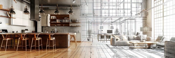 home office design concept with half real photo and half interior designer schematics