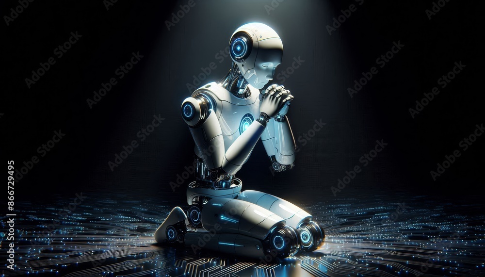 Poster robot praying on a digital circuit board - a white robot with glowing blue lights kneels in prayer o