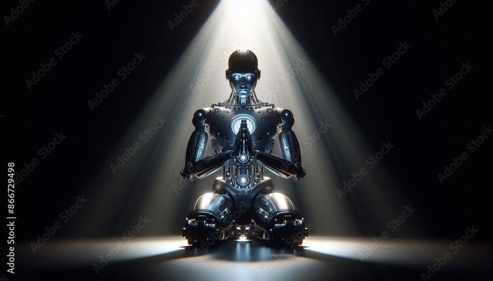 Aufkleber a robot in meditation pose illuminated by a spotlight - a metallic robot in a meditative pose is ill