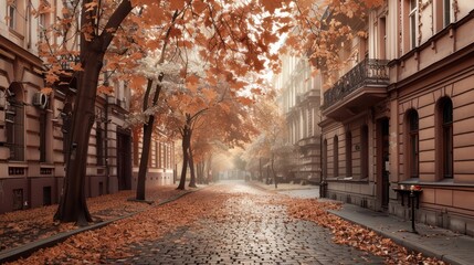 Obraz premium A street with trees and buildings in autumn. The leaves are falling and the street is wet