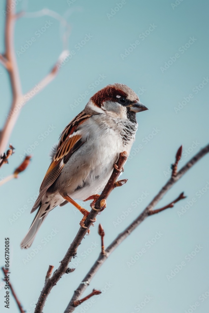 Poster a small bird perched on a branch of a tree, ready for takeoff