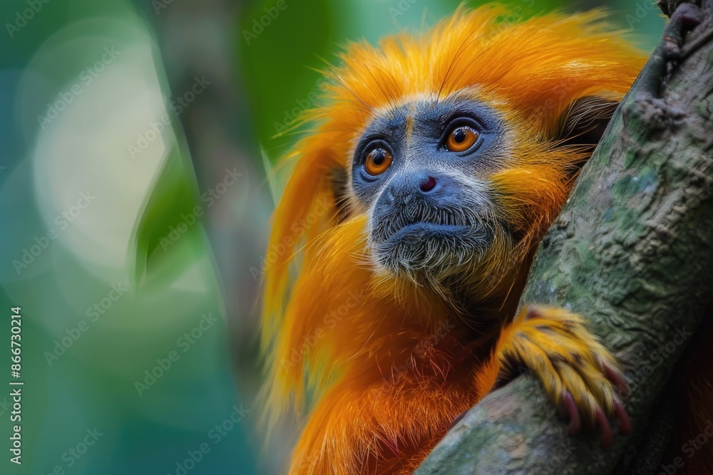 Poster close-up shot of a monkey sitting on a tree branch, looking around
