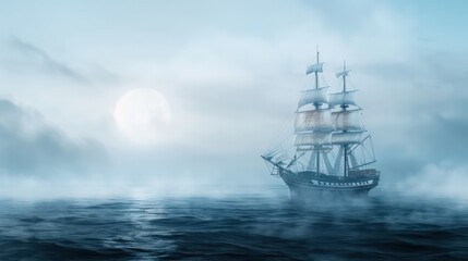 A large ship sails in the ocean with a full moon in the background. The scene is serene and peaceful, with the ship being the only object visible in the water