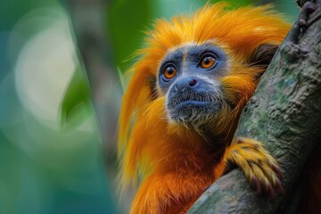 Fototapeta premium Close-up shot of a monkey sitting on a tree branch, looking around