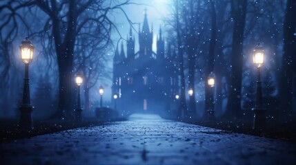 A dark, snowy night with a castle in the background. The castle is lit up by lanterns, creating a mysterious and eerie atmosphere
