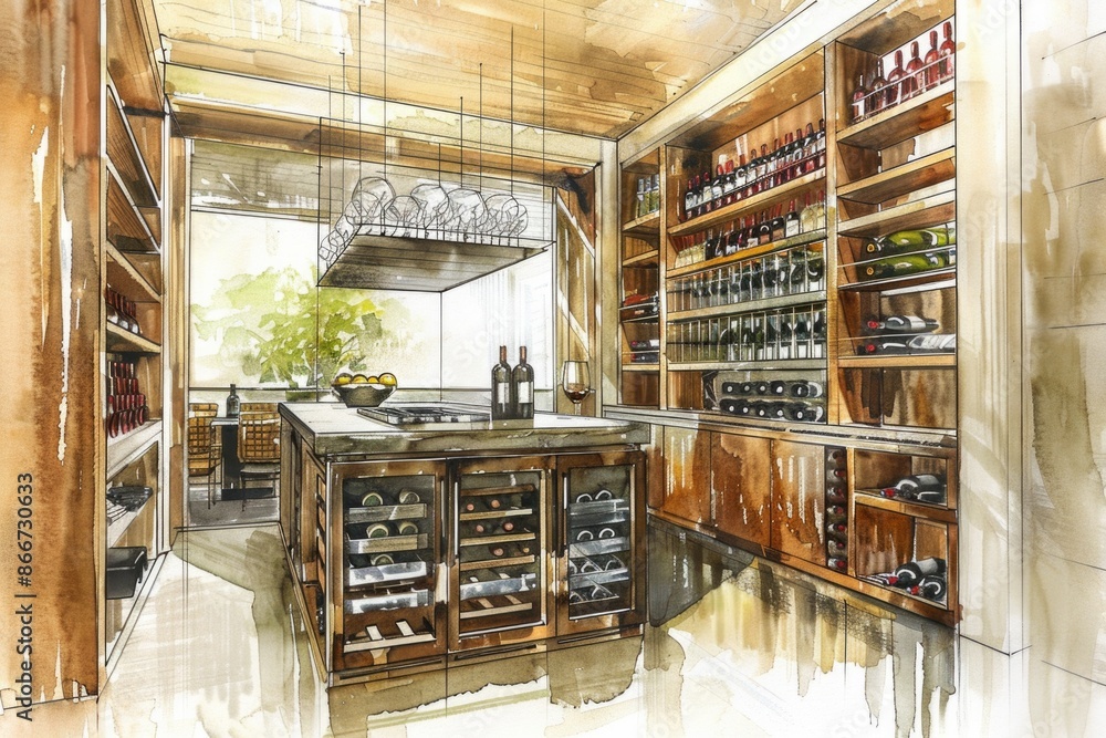 Poster a photo of a wine cellar with multiple wine bottles stored on shelves